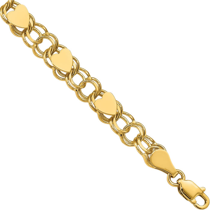 10K Solid Yellow Gold Double Link Heart Charm Bracelet