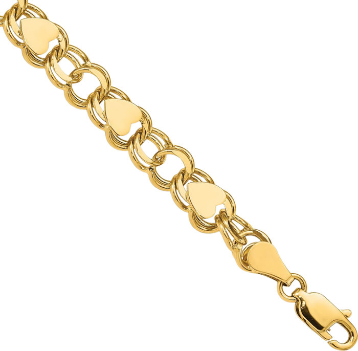 10K Solid Yellow Gold Double Link Heart Charm Bracelet