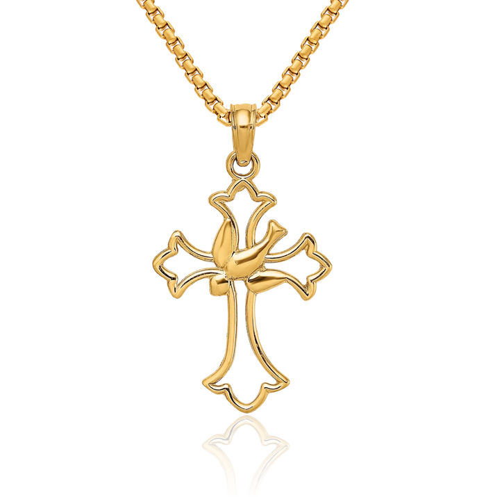 10K Solid Yellow Gold Dove Symbol Peace Love Holy Spirit Cross Necklace Religious Chain Pendant Jesus Christ Charm