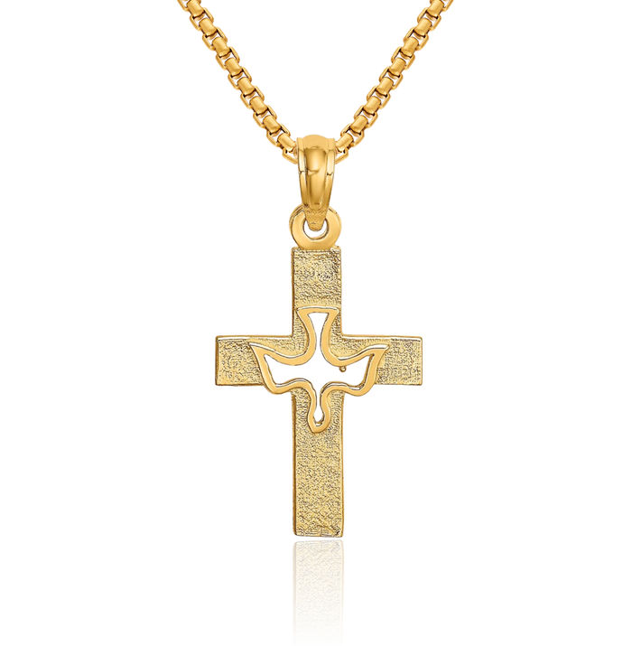 10K Solid Yellow Gold Dove Symbol Peace Love Holy Spirit Cross Necklace Religious Chain Pendant Jesus Christ Charm