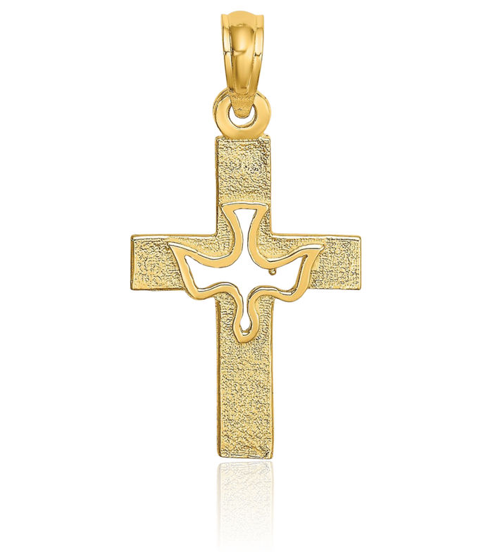 10K Solid Yellow Gold Dove Symbol Peace Love Holy Spirit Cross Necklace Religious Chain Pendant Jesus Christ Charm