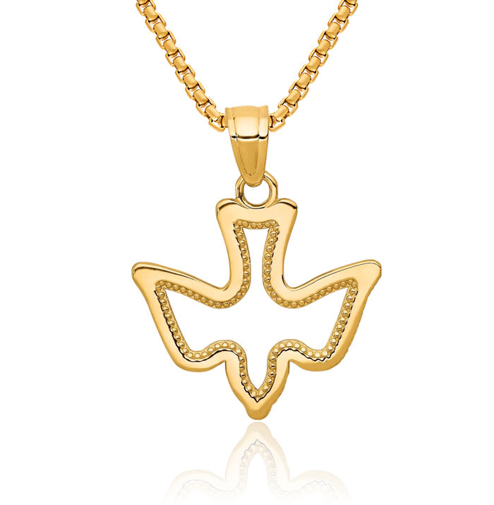 10K Solid Yellow Gold Dove Symbol Peace Love Holy Spirit Bird Necklace Religious Chain Pendant Christian Charm