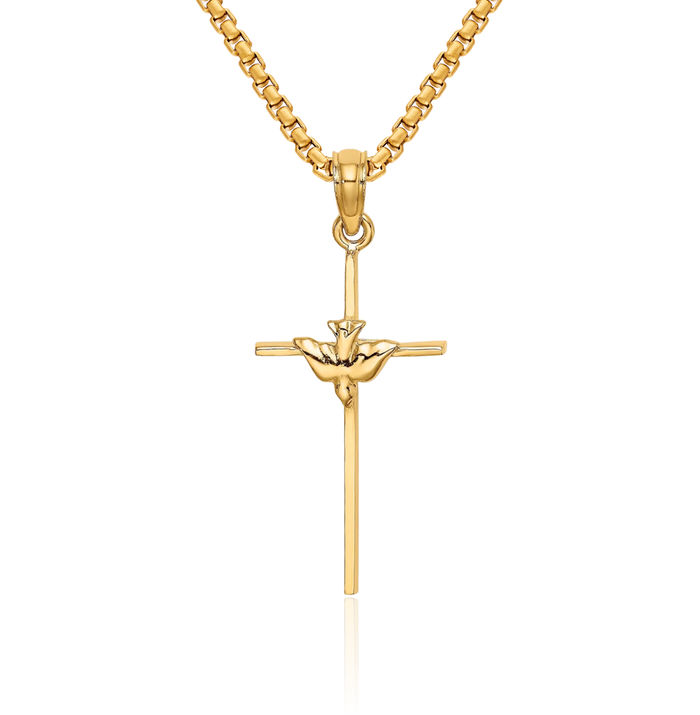 10K Solid Yellow Gold Dove Symbol Peace Love Holy Spirit Stick Cross Necklace Religious Chain Pendant Jesus Christ Charm