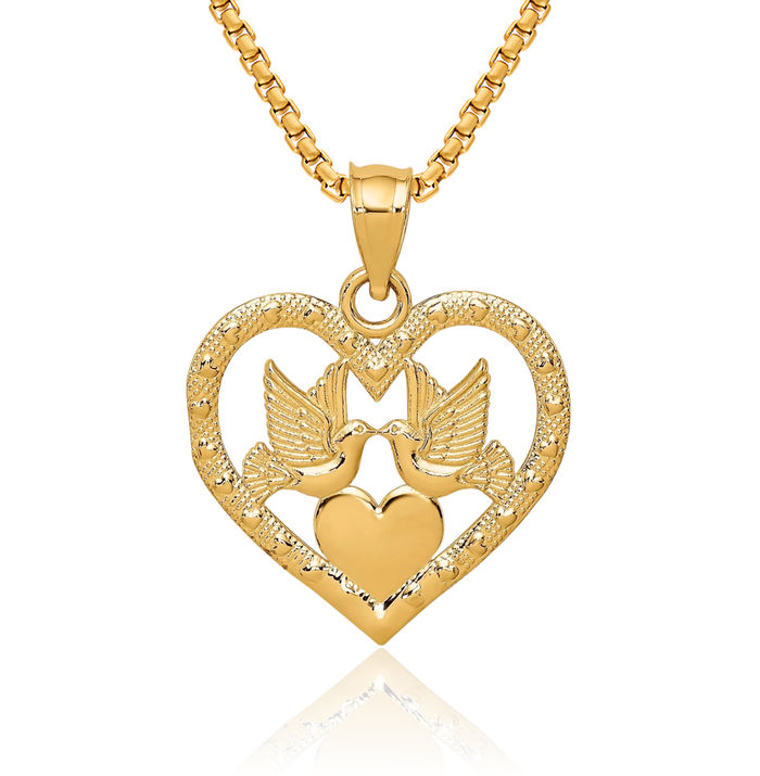 10K Solid Yellow Gold Doves Heart Necklace Love Pendant Charm