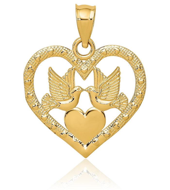 10K Solid Yellow Gold Doves Heart Necklace Love Pendant Charm