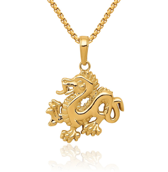 10K Solid Yellow Gold Dragon Necklace Chain Pendant Charm