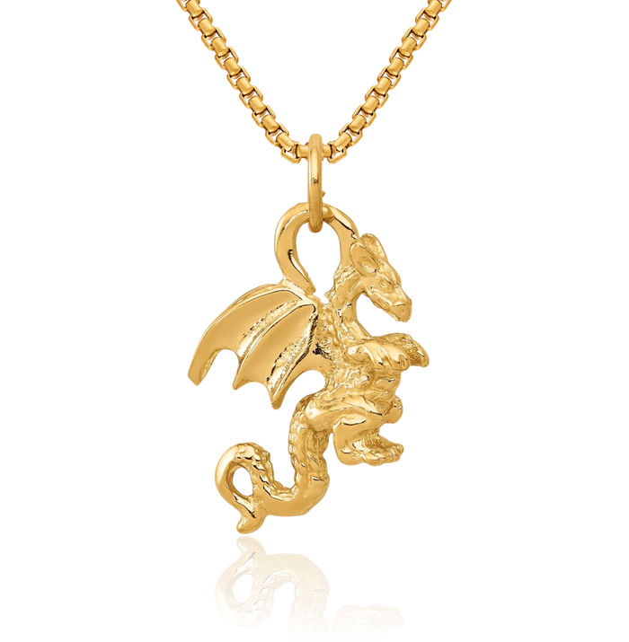 10K Solid Yellow Gold Dragon Necklace Chain Pendant Charm