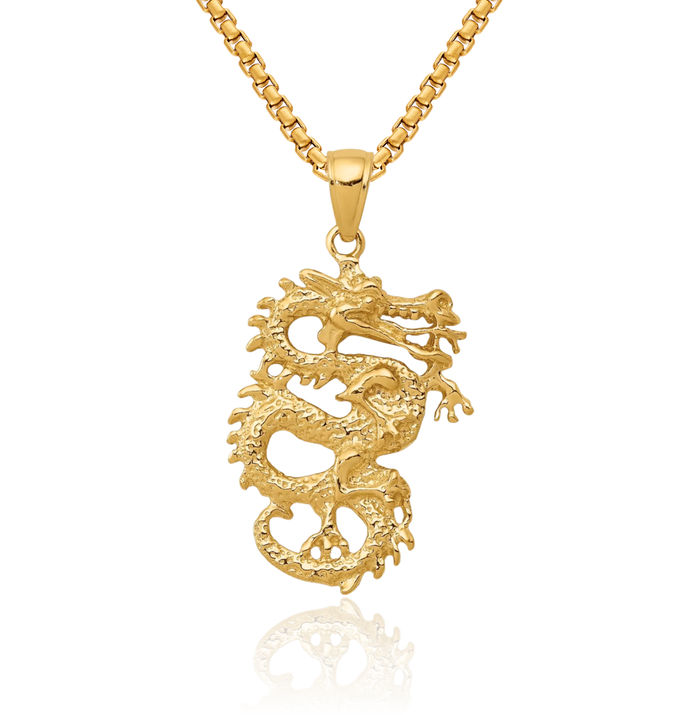 10K Solid Yellow Gold Dragon Necklace Chain Pendant Charm