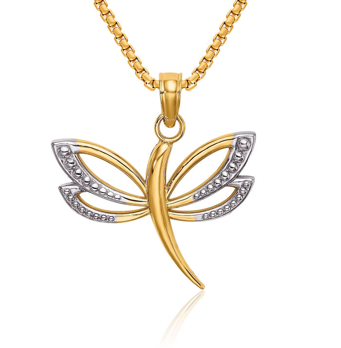 10K Solid Yellow Gold Dragonfly Necklace Chain Pendant Charm