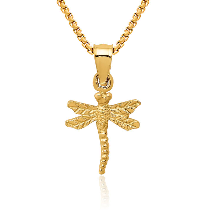 10K Solid Yellow Gold Dragonfly Necklace Chain Pendant Charm