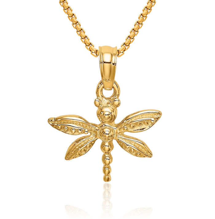 10K Solid Yellow Gold Dragonfly Wings Necklace Chain Pendant Charm