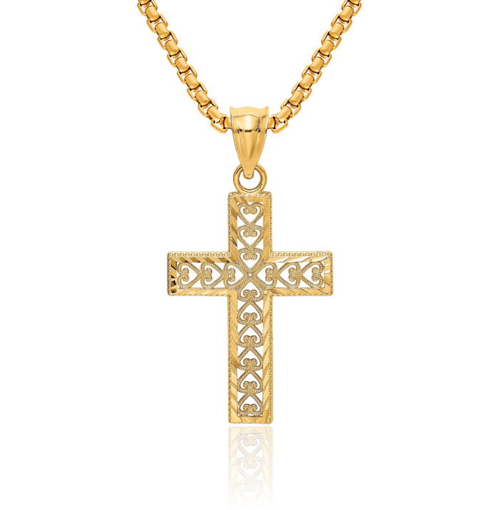 10K Solid Yellow Gold Edge Antique Filigree Latin Mexican Holy Cross Necklace Religious Chain Pendant Jesus Christ Charm