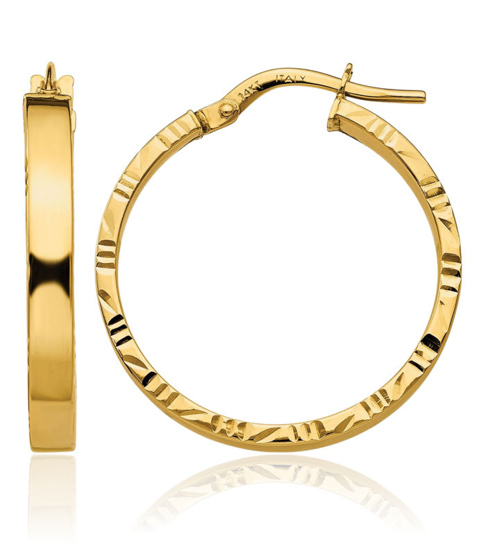 10K Solid Yellow Gold Edge Medium 3mm Round Hoop Earrings