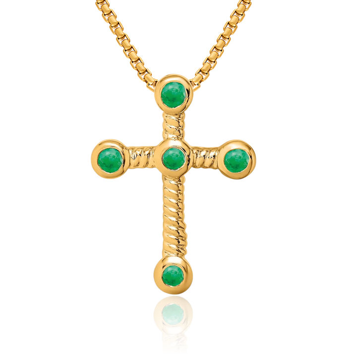 10K Solid Yellow Gold Green Emerald Holy Cross Floating Chain Slide Gemstone Pendant Necklace Charm