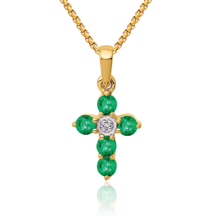 10K Solid Yellow Gold Green Emerald Diamond Holy Cross Necklace Gemstone Pendant Charm April Birthstone Jewelry