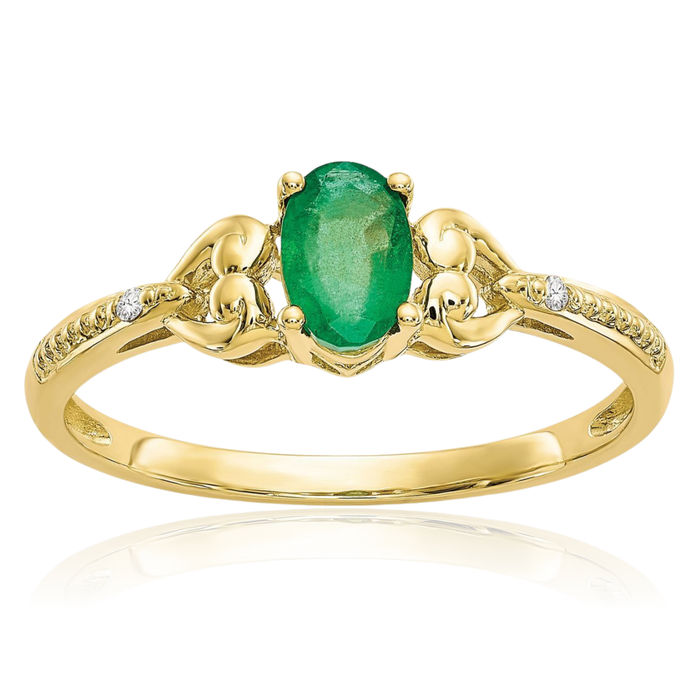 10K Solid Yellow Gold Green Emerald Diamond Ring Gemstone Band May Birthstone Jewelry