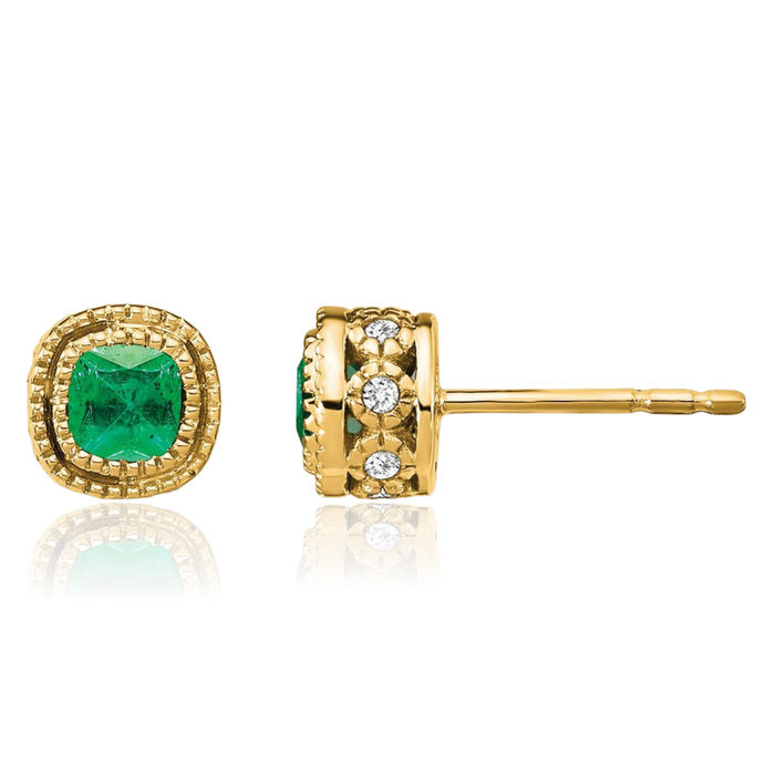 10K Solid Yellow Gold Green Emerald Diamond Stud Solitaire Earrings May Birthstone Jewelry