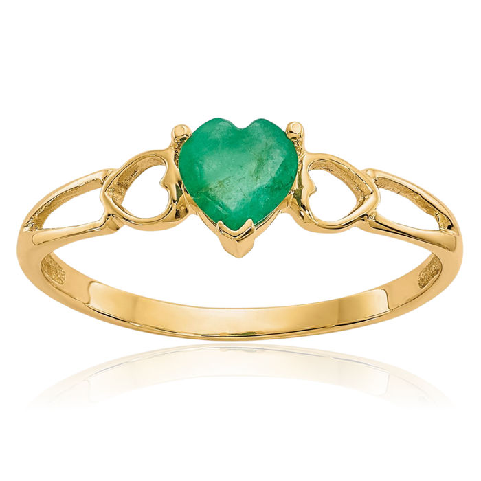 10K Solid Yellow Gold Green Emerald Heart Ring Gemstone Love Band May Birthstone Jewelry