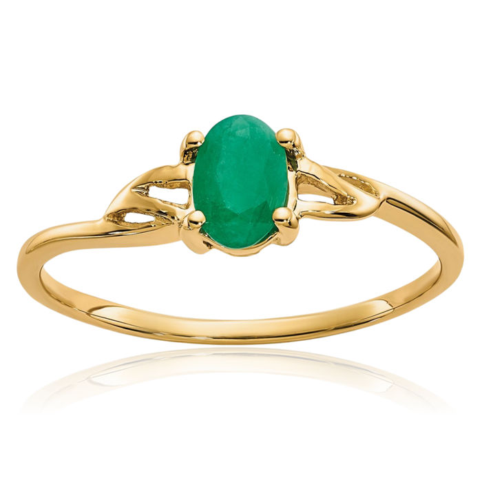 10K Solid Yellow Gold Green Emerald Ring Gemstone Band May Birthstone Jewelry