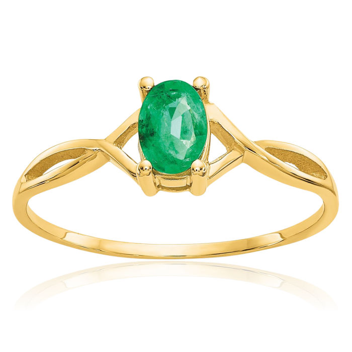 10K Solid Yellow Gold Green Emerald Ring Gemstone Band May Birthstone Jewelry