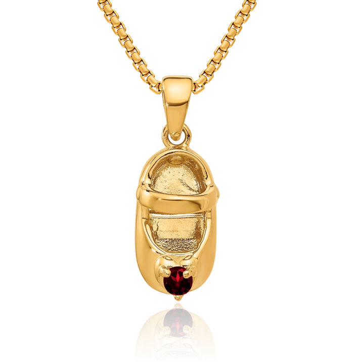 10K Solid Yellow Gold Engraveable Red Synthetic Stone Shoe Necklace Chain Pendant Charm January Birthstone Jewelry