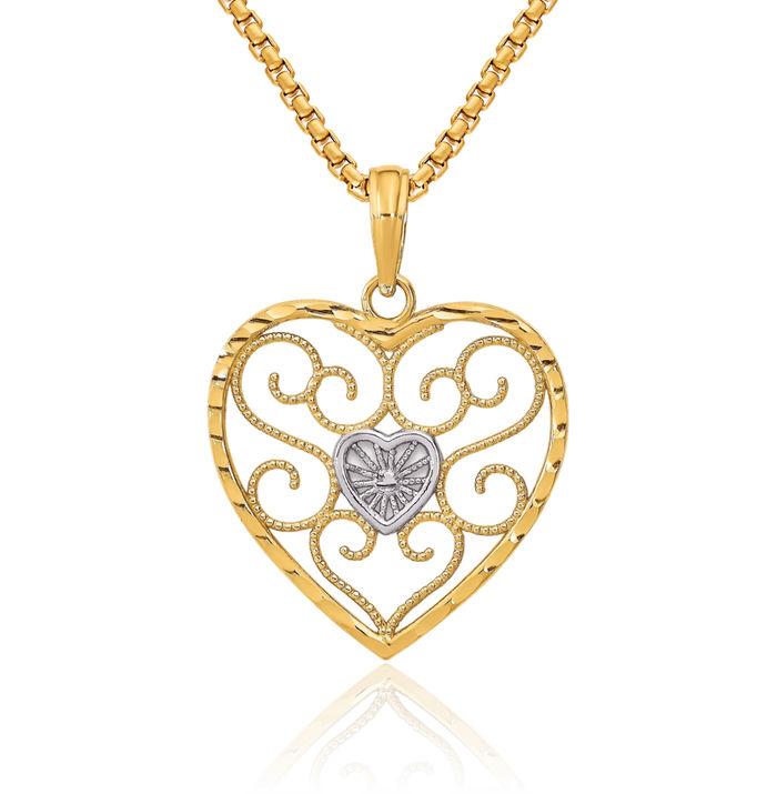 10K Solid Yellow Gold Antique Filigree Beaded Heart Necklace Love Pendant Charm