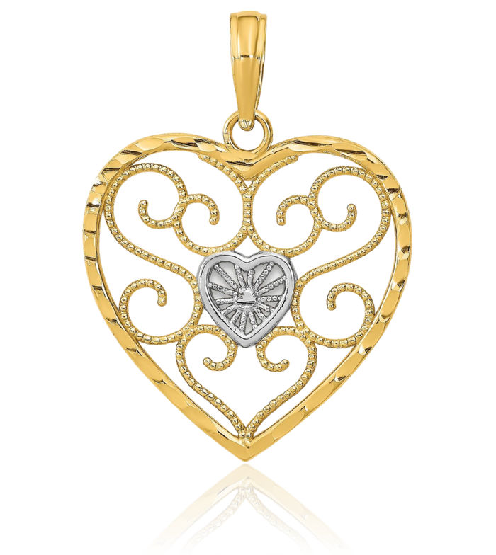 10K Solid Yellow Gold Antique Filigree Beaded Heart Necklace Love Pendant Charm