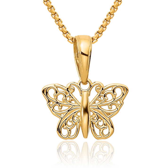 10K Solid Yellow Gold Antique Filigree Butterfly Wings Necklace Chain Pendant Charm