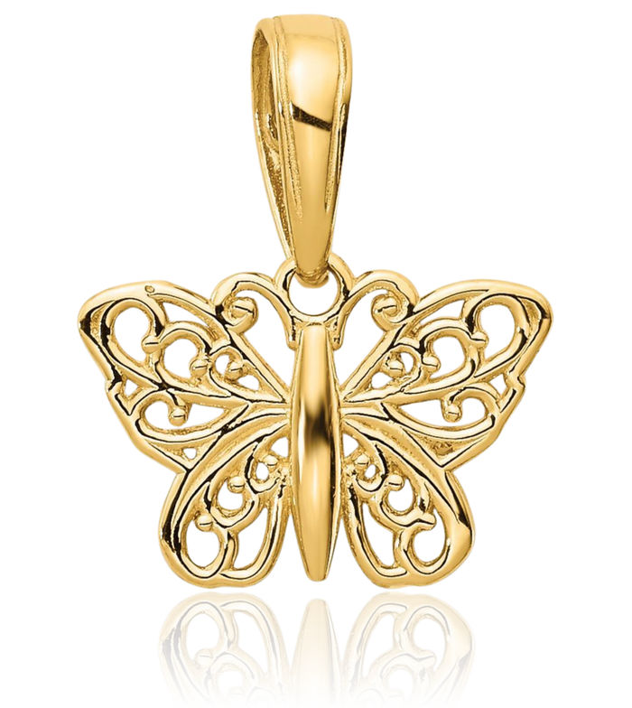 10K Solid Yellow Gold Antique Filigree Butterfly Wings Necklace Chain Pendant Charm