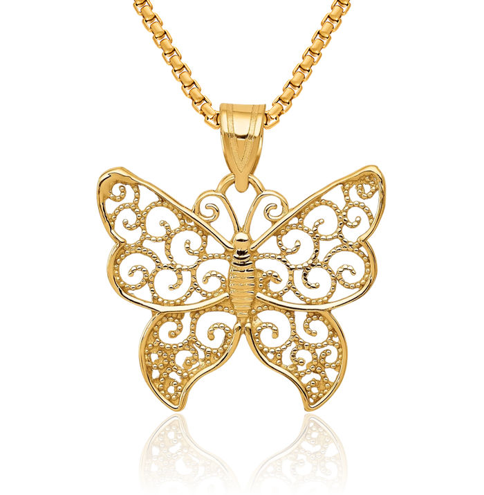 10K Solid Yellow Gold Antique Filigree Butterfly Wings Necklace Chain Pendant Charm