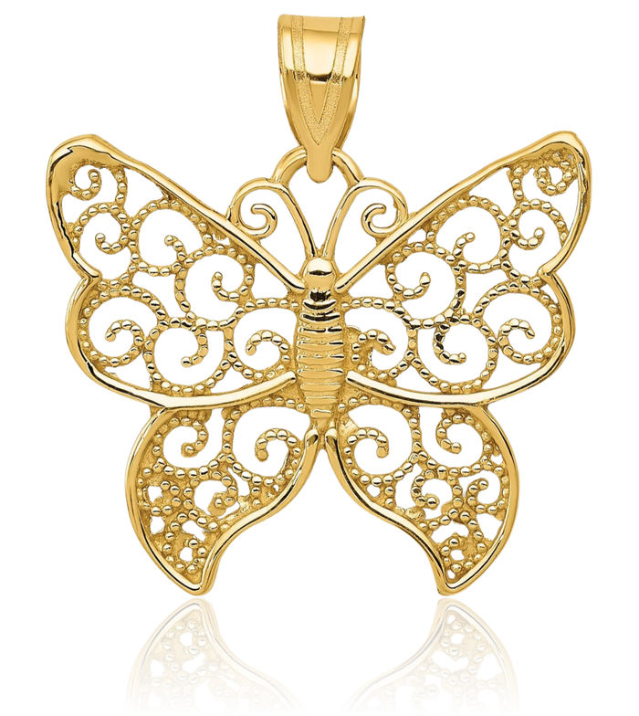 10K Solid Yellow Gold Antique Filigree Butterfly Wings Necklace Chain Pendant Charm