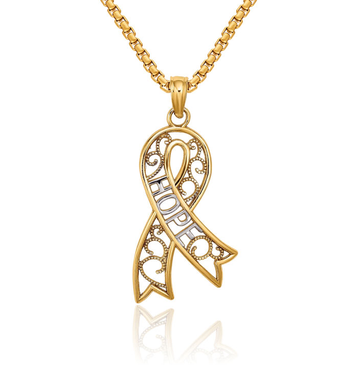 10K Solid Yellow Gold Antique Filigree Cancer Awareness Ribbon Hope Necklace Chain Pendant Charm