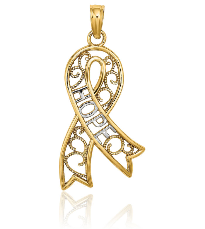 10K Solid Yellow Gold Antique Filigree Cancer Awareness Ribbon Hope Necklace Chain Pendant Charm
