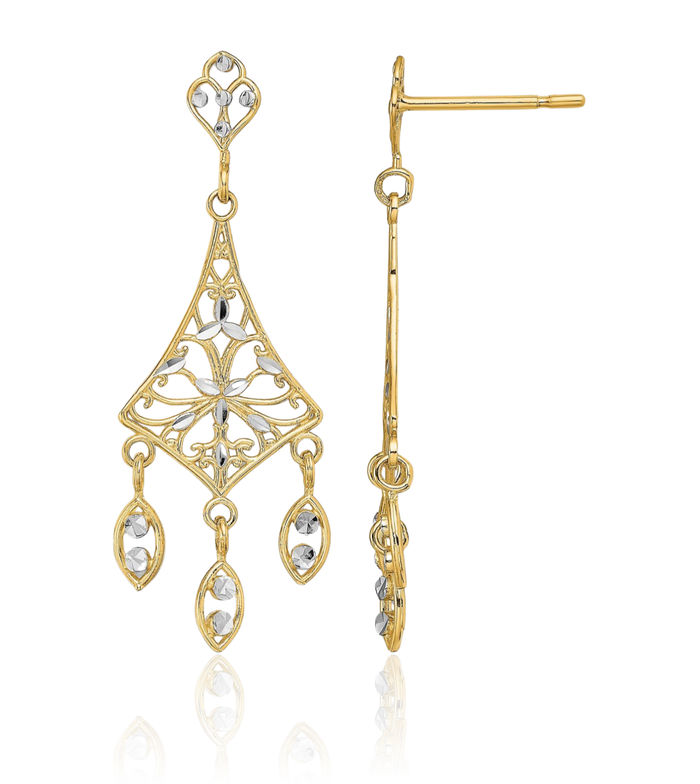 10K Solid Yellow Gold Antique Filigree Chandelier Drop Dangle Earrings