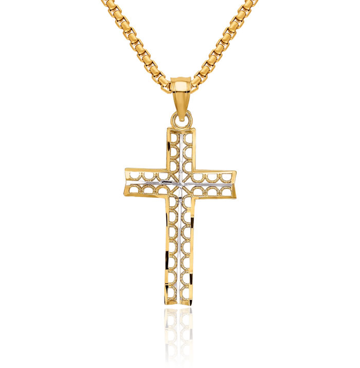 10K Solid Yellow Gold Antique Filigree Holy Cross Necklace Religious Chain Pendant Jesus Christ Charm