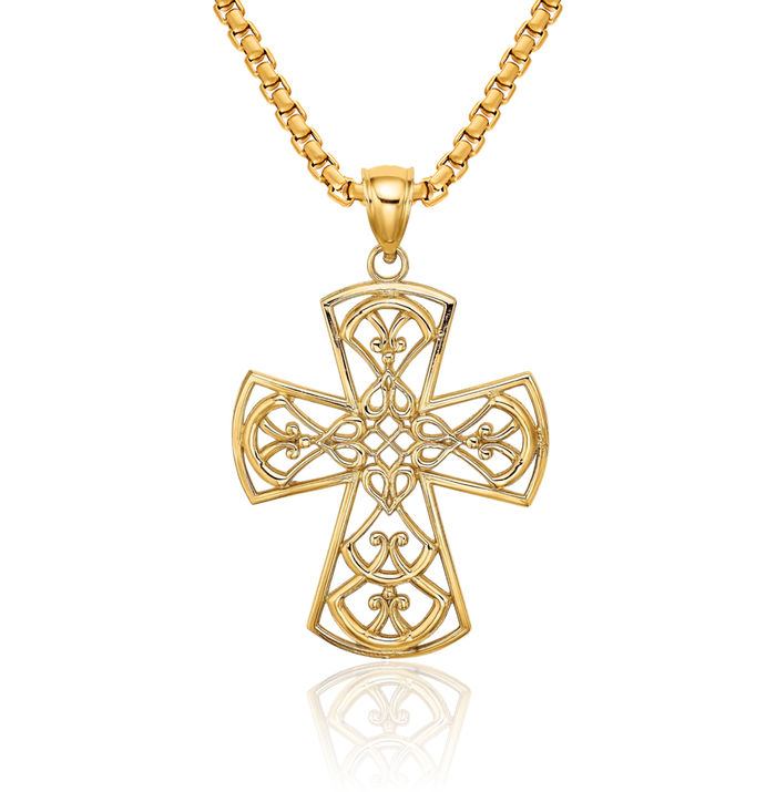 10K Solid Yellow Gold Antique Filigree Holy Cross Necklace Religious Chain Pendant Jesus Christ Charm