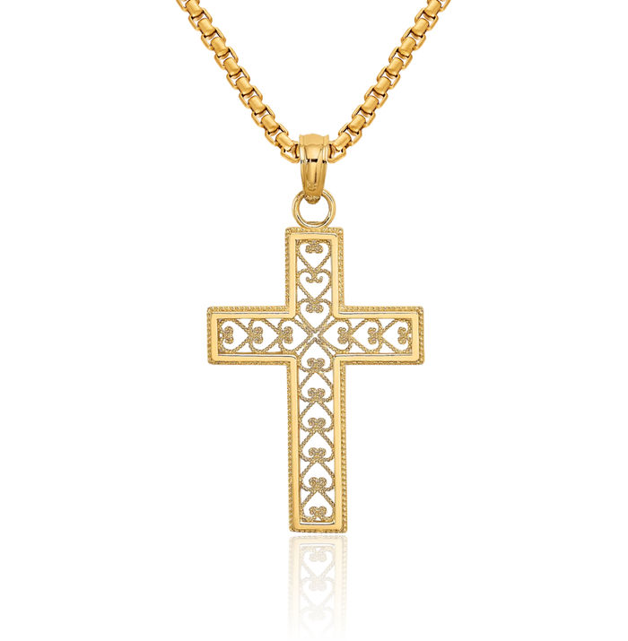 10K Solid Yellow Gold Antique Filigree Holy Cross Necklace Religious Chain Pendant Jesus Christ Charm