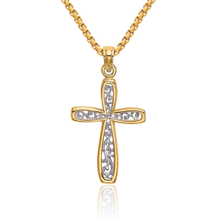 10K Solid Yellow Gold Antique Filigree Holy Cross Necklace Religious Chain Pendant Jesus Christ Charm