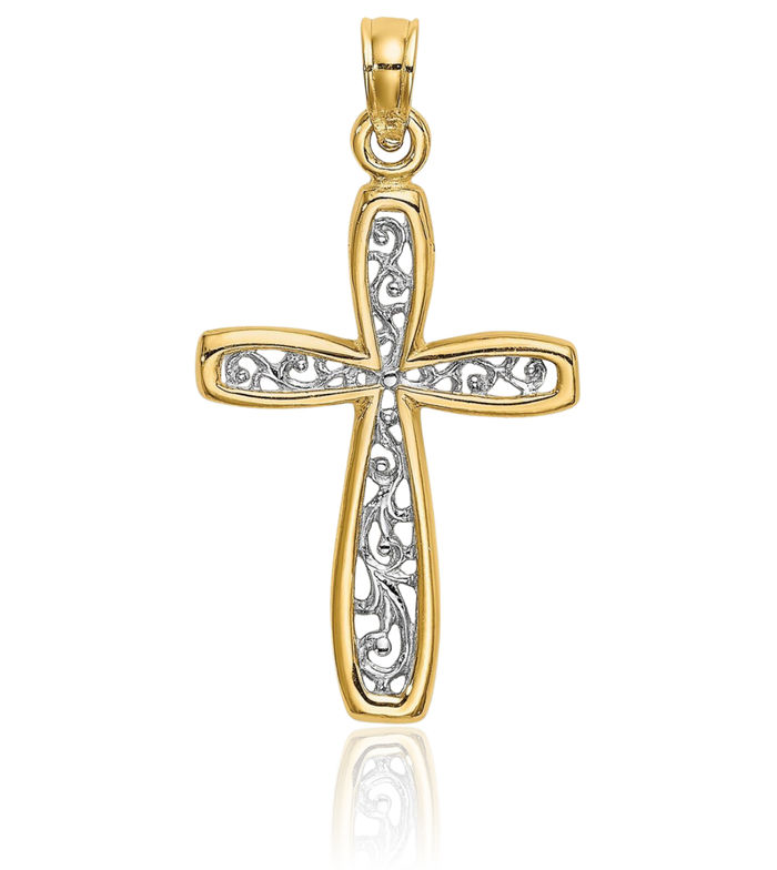 10K Solid Yellow Gold Antique Filigree Holy Cross Necklace Religious Chain Pendant Jesus Christ Charm