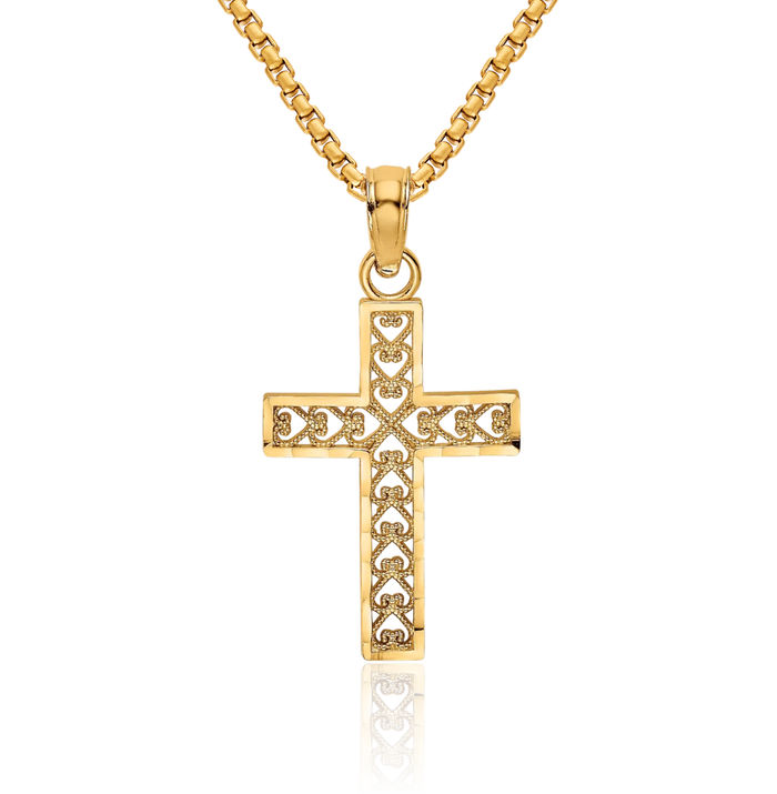 10K Solid Yellow Gold Antique Filigree Latin Mexican Holy Cross Necklace Religious Chain Pendant Jesus Christ Charm