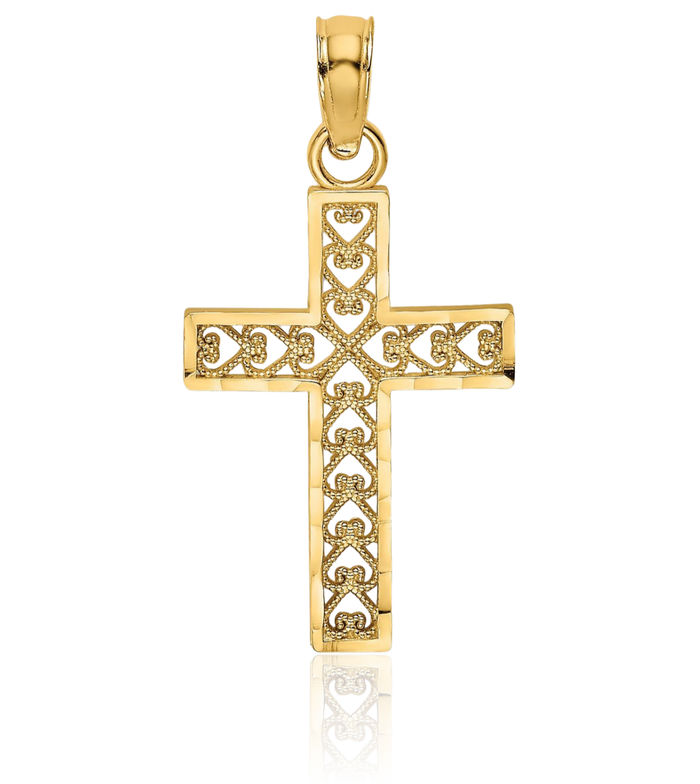 10K Solid Yellow Gold Antique Filigree Latin Mexican Holy Cross Necklace Religious Chain Pendant Jesus Christ Charm