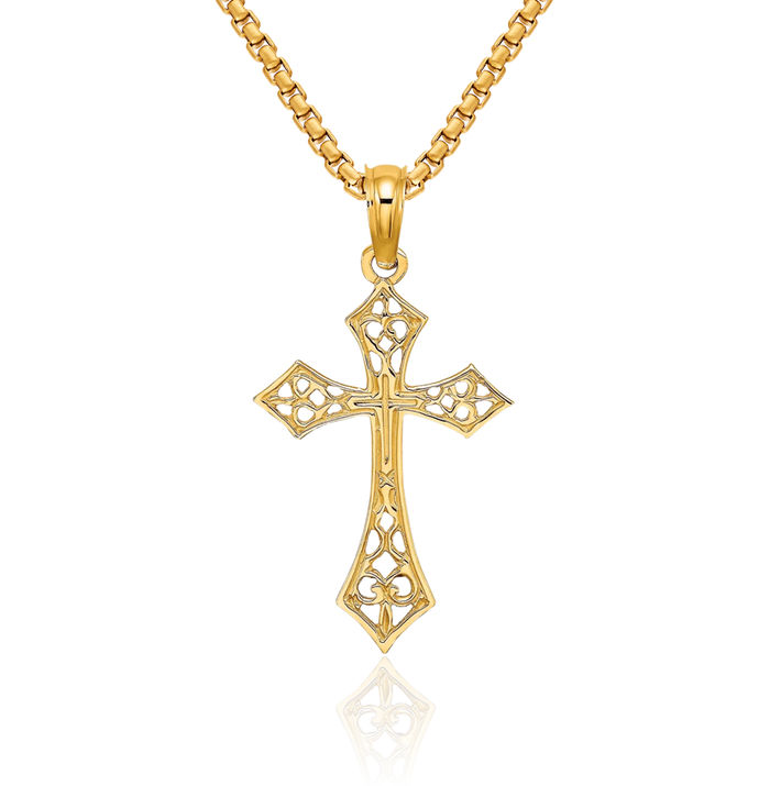 10K Solid Yellow Gold Antique Filigree Holy Cross Necklace Religious Chain Pendant Jesus Christ Charm