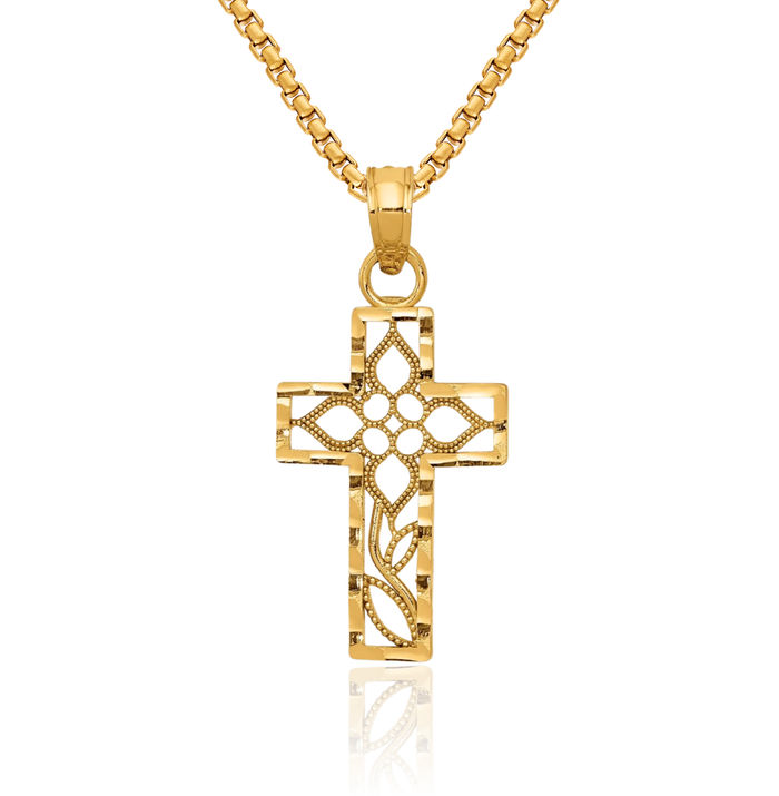 10K Solid Yellow Gold Antique Filigree Latin Mexican Holy Cross Necklace Religious Chain Pendant Jesus Christ Charm