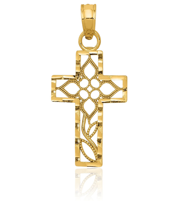 10K Solid Yellow Gold Antique Filigree Latin Mexican Holy Cross Necklace Religious Chain Pendant Jesus Christ Charm