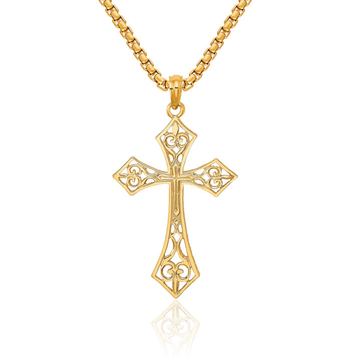 10K Solid Yellow Gold Antique Filigree Holy Cross Necklace Religious Chain Pendant Jesus Christ Charm