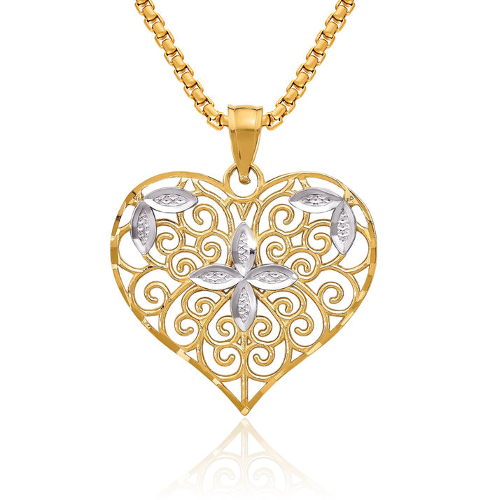 10K Solid Yellow Gold Antique Filigree Flower Heart Necklace Love Pendant Charm