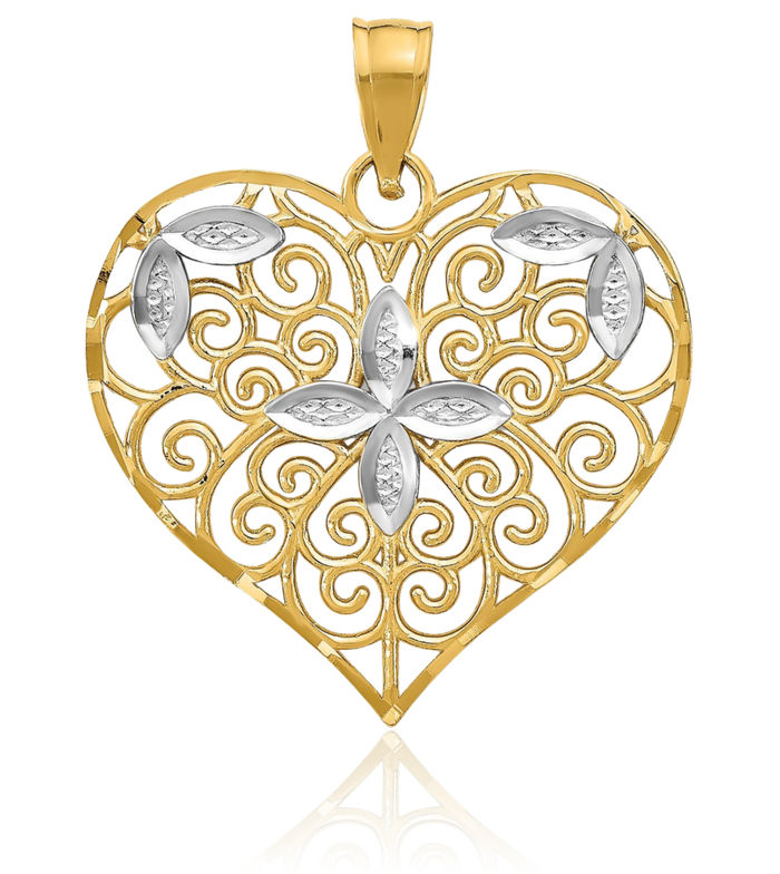 10K Solid Yellow Gold Antique Filigree Flower Heart Necklace Love Pendant Charm