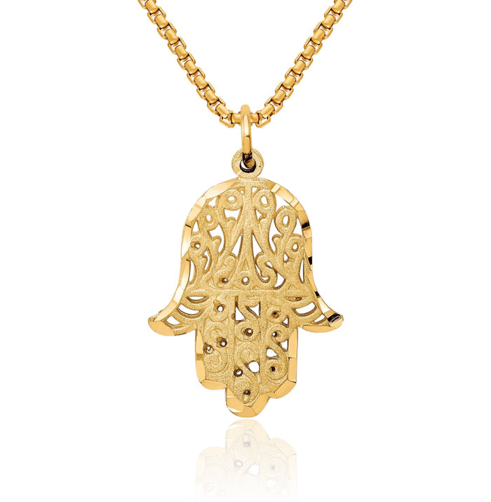 10K Solid Yellow Gold Antique Filigree Hamsa Hand of Fatima Good Luck Evil Eye Protection Necklace Judaica Religious Chain Pendant Israel Charm