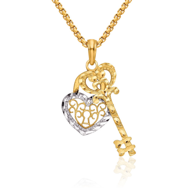 10K Solid Yellow Gold Antique Filigree Heart Lock Key Necklace Chain Pendant Charm