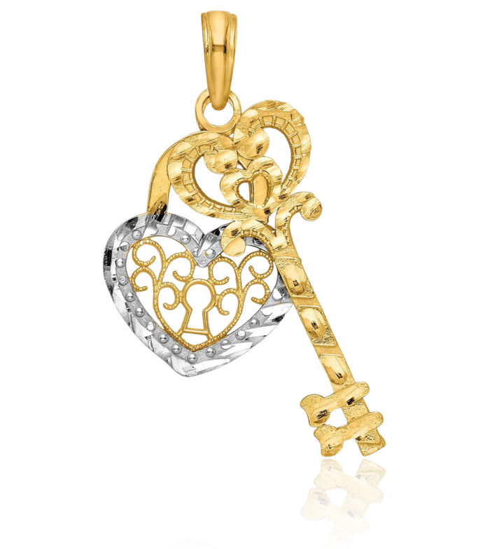 10K Solid Yellow Gold Antique Filigree Heart Lock Key Necklace Chain Pendant Charm